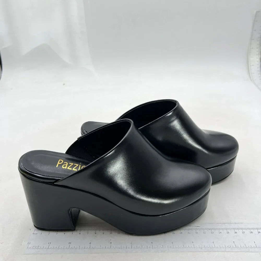 Pazzion Black Thick Platform Round Toe Clog Mule Slip On Block High Heel Slipper